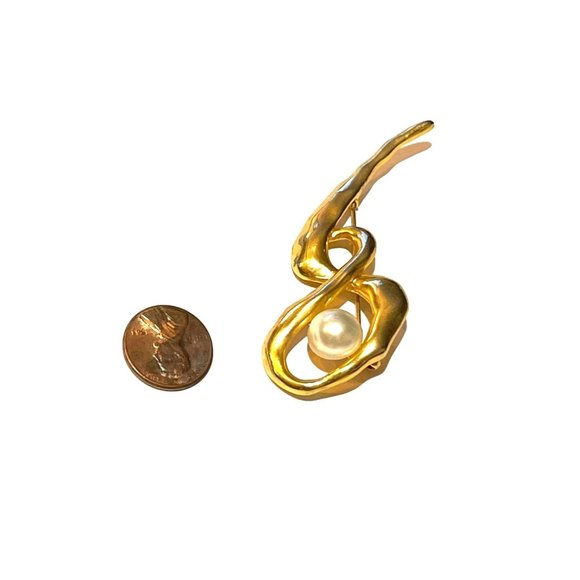 Vintage 80s Asymmetric Gold-tone, Faux Pearl Costume Jewelry Huge Brooch Pin - Picture 7 of 7